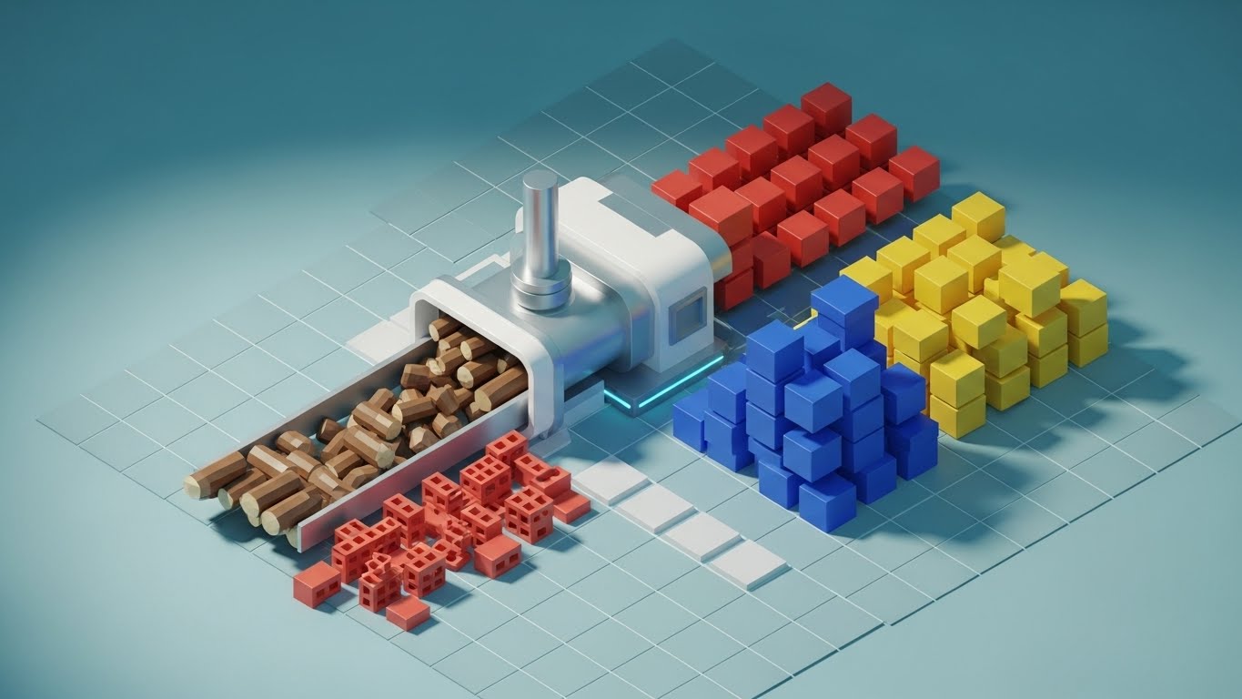 (Style 10): Isometric Factory - Raw Logs to Intel