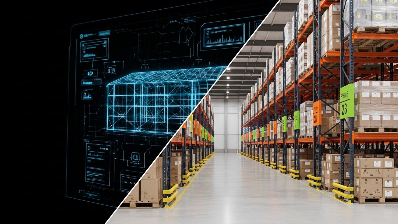 (Wireframe to Reality Transition): Split-Screen - Validating Digital Twin Accuracy