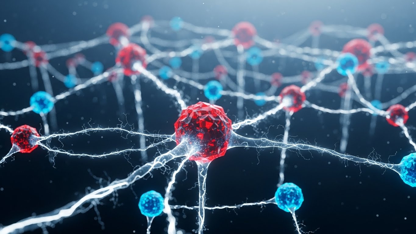 (Abstract 3D AI Visualization): Red and Blue Nodes + Demystifying the AI Engine