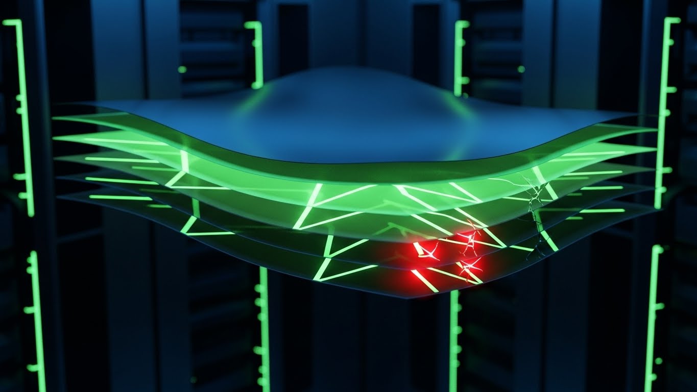 (3D X-Ray Visualization): Glowing Data Layers + Revealing the Security Stack