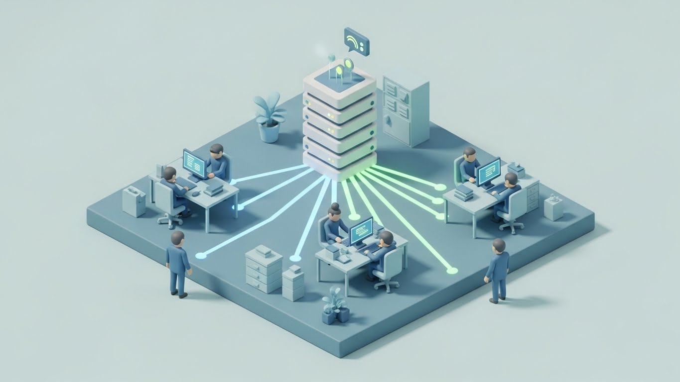 (Isometric 3D Workflow): Unified Ecosystem - Centralizing team collaboration.