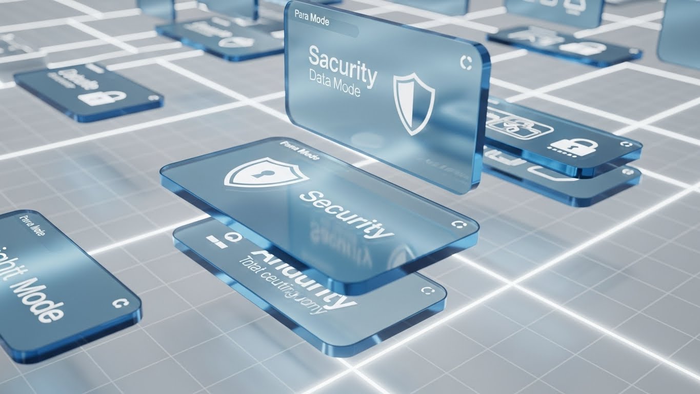 (3D Parallax UI Presentation): Layered Security - Protecting sensitive enterprise data.