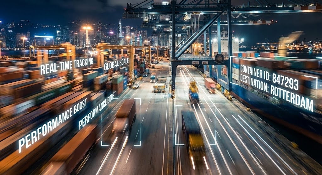 (Data-Overlay Hyperlapse): The Supply Chain Pulse - Broadcasting system updates.