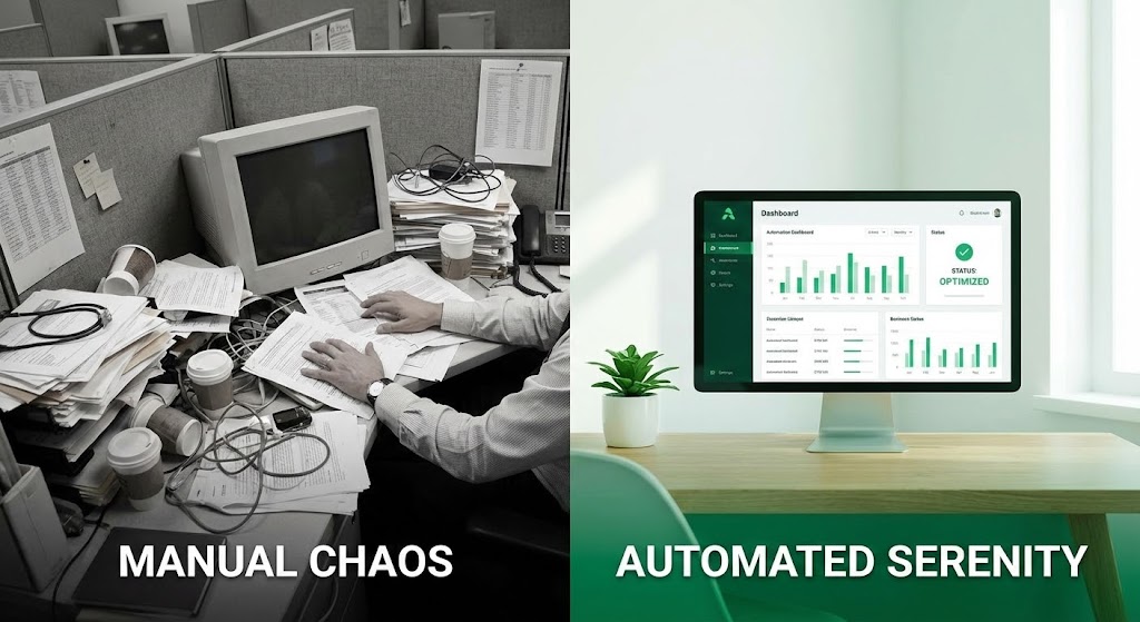 (Split Screen): The Efficiency Contrast - Chaos vs. Serenity