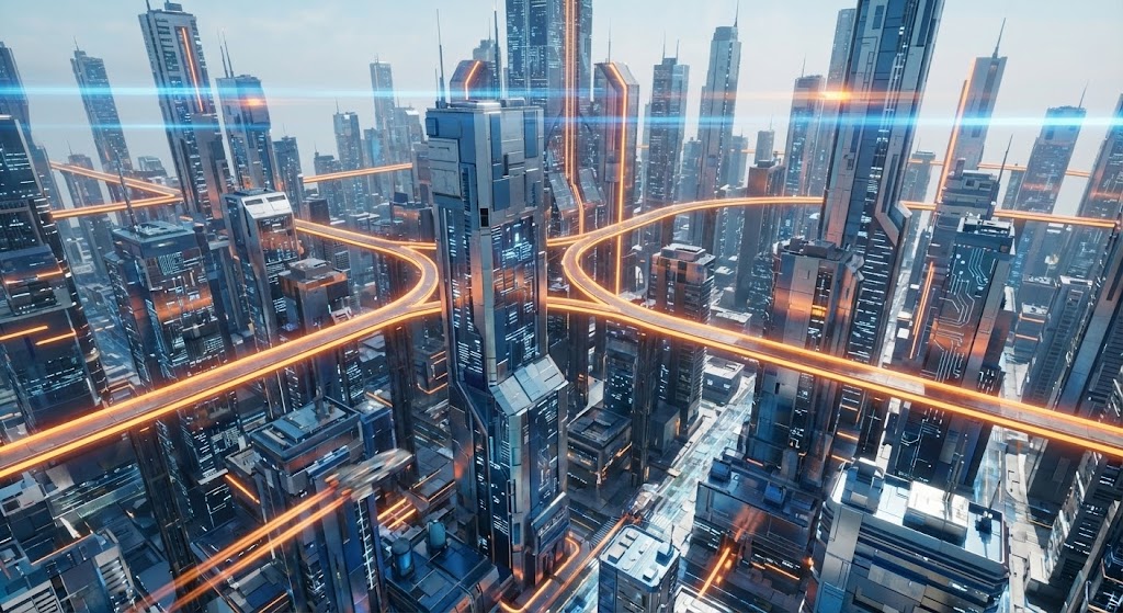 (Gen AI Cinematic): Circuit Cityscape - Future Infrastructure Scale