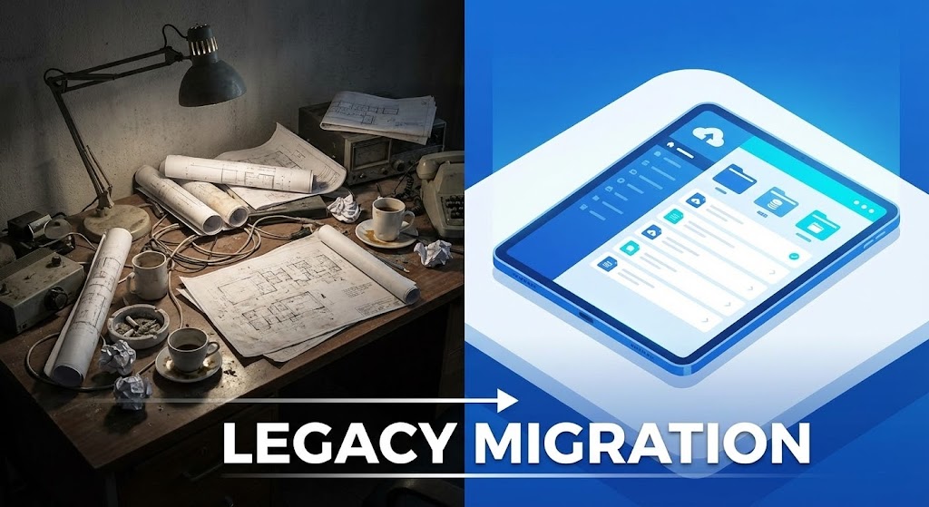 (Split Screen: Reality/UI): Orderly Migration – Digitizing Legacy Workflows