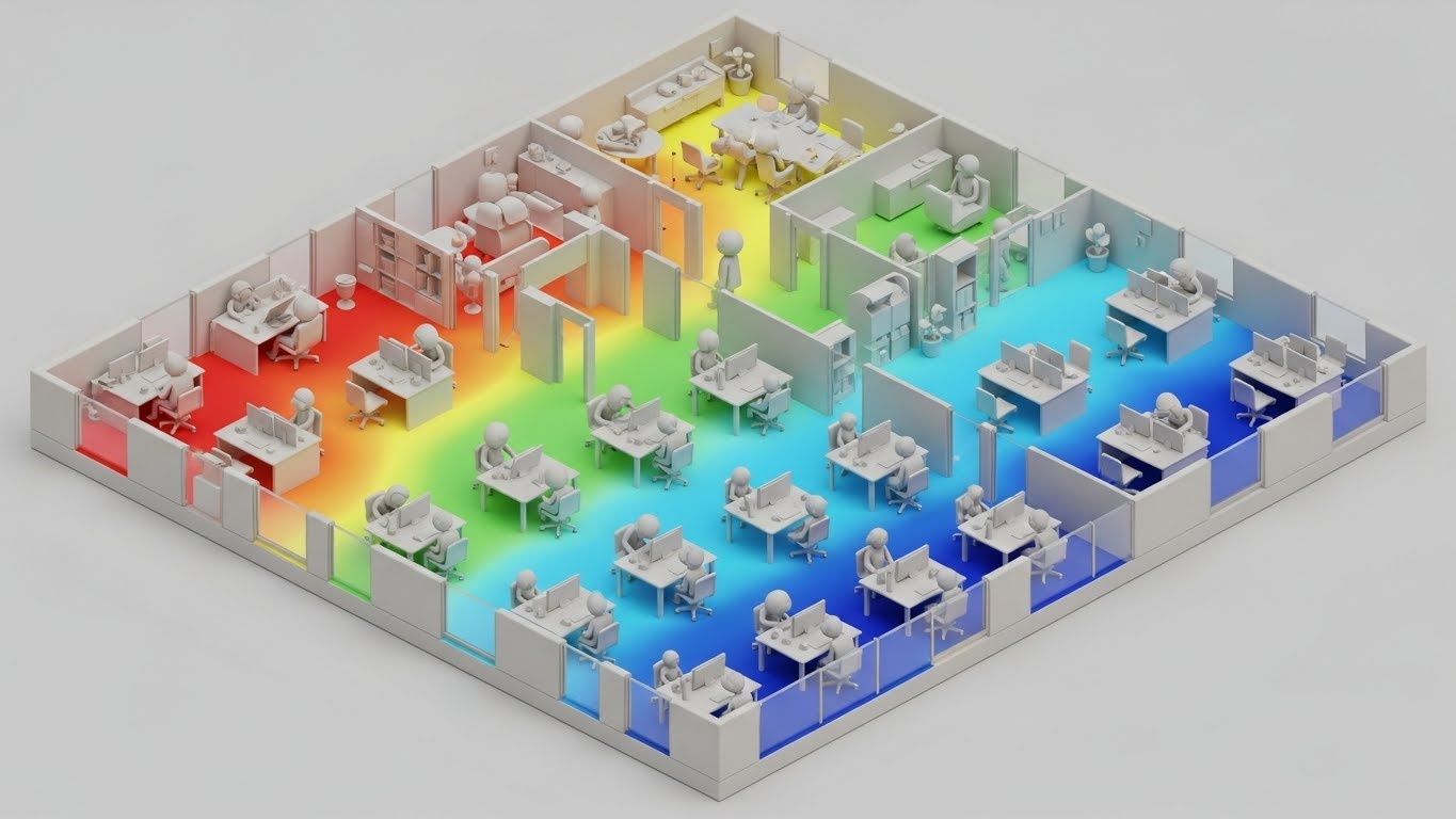 (Isometric 3D Workflow): Matte clay office render + Clarify spatial analytics