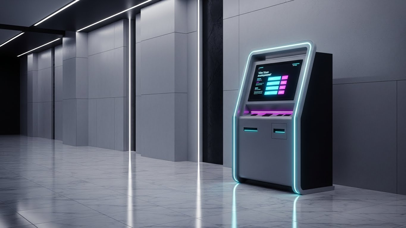 (Photorealistic 3D Renders): Luxury lobby kiosk + Showcase hardware innovation