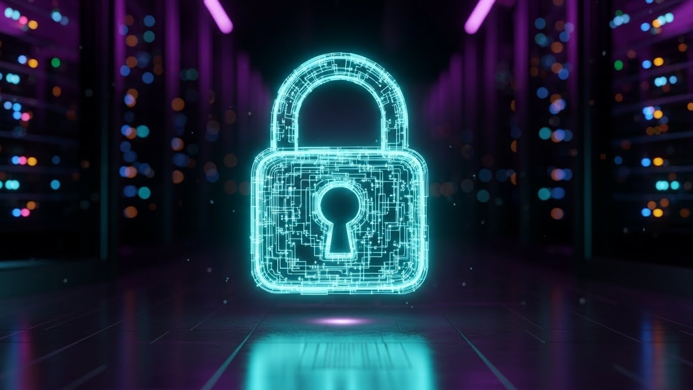 (Futuristic Neon/Dark Mode): Neon cyan digital padlock + Signal robust security