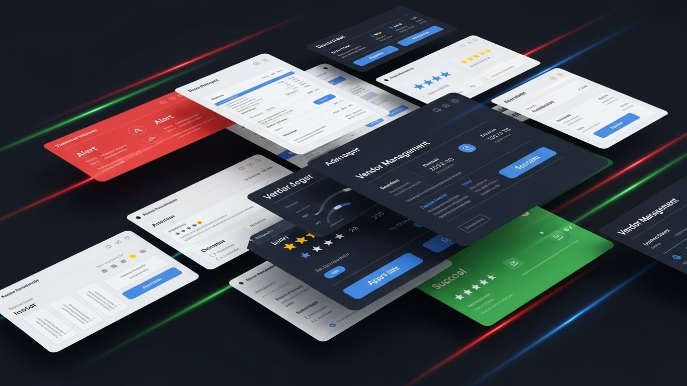 (Rapid UI Feature Montage): Layered interface slices + Demonstrate platform depth