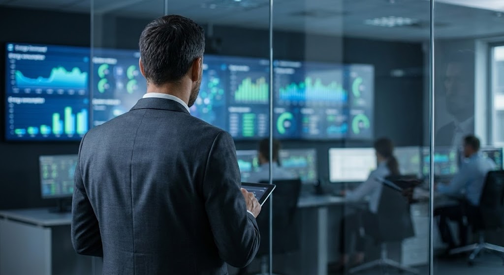 (Lifestyle Stock with UI Overlay): Executive command center + Drive strategic oversight