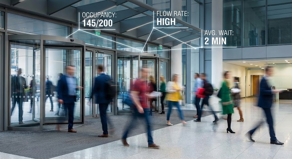 (Hyper-lapse Stock Footage with Data): Busy lobby analytics + Prove occupancy value