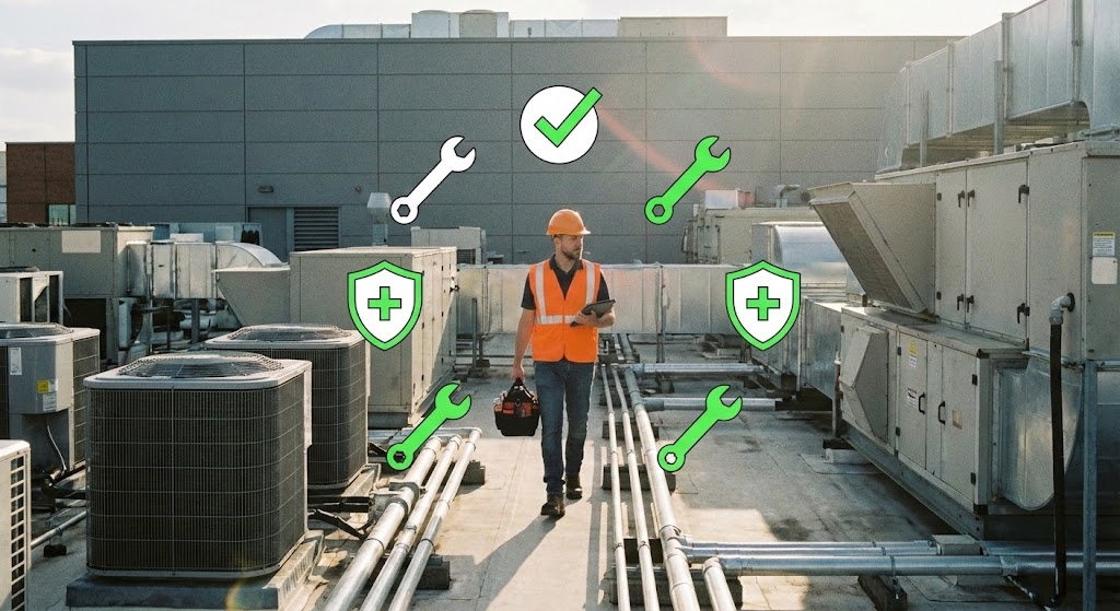 (2D Graphics Over Live Action): Male technician in safety vest + Humanize tech adoption