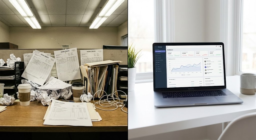 (Split Screen: Optimized Reality): Chaos versus order + Contrast legacy vs. modern
