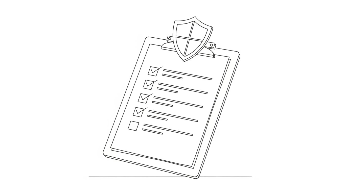 (2D Line Art Animation): Minimalist checklist shield + Mitigate compliance risk