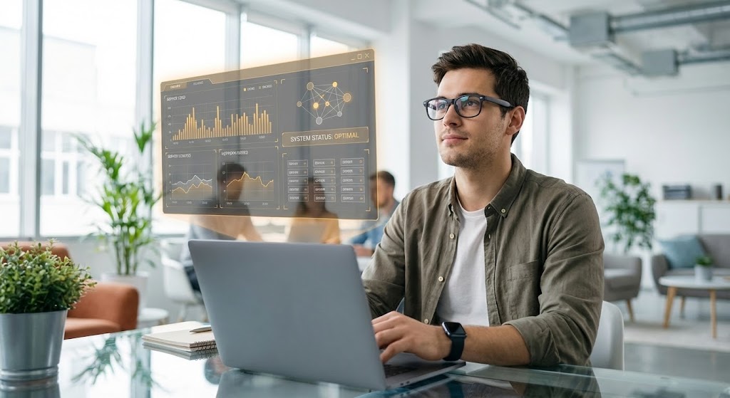 (Lifestyle with UI Overlay): Human Insight + Augmented Intelligence