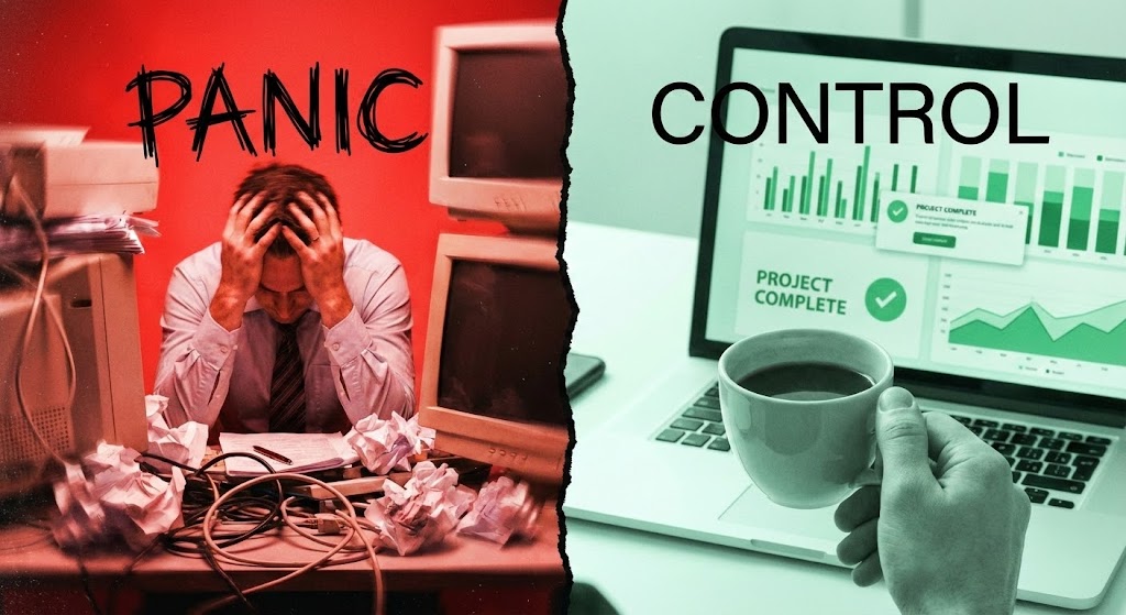 (Split Screen): Panic vs Control + Operational Efficiency
