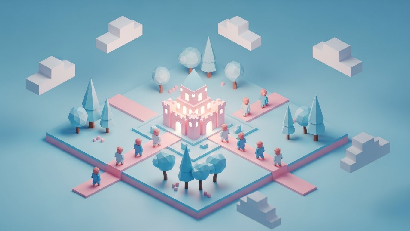 (Low-Poly 3D): Fortress Architecture + Orchestration Control