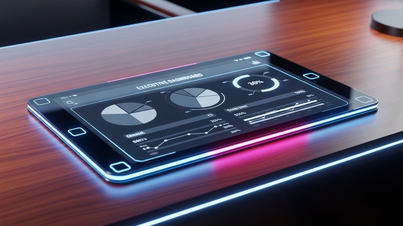 (Photorealistic 3D Renders): Mahogany Desk Dashboard + Executive Governance