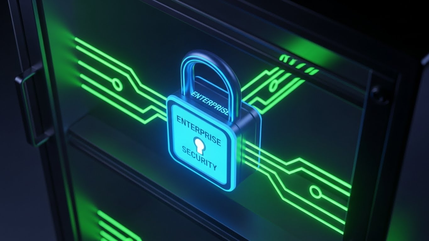 (3D X-Ray Visualization): Glowing Cyan Lock + Enterprise Data Security