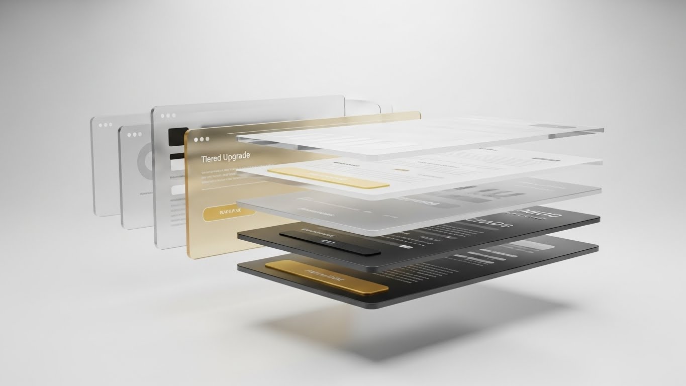 (3D Parallax UI Presentation): Floating Gold Layers + Driving Upsell