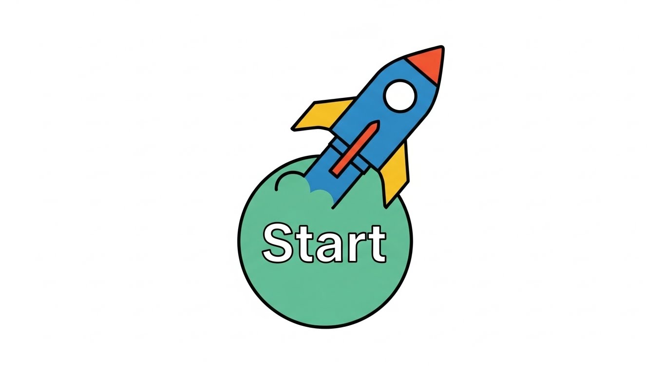 (Minimalist Flat Vector): Rocket Ship Button + Self-Serve Onboarding