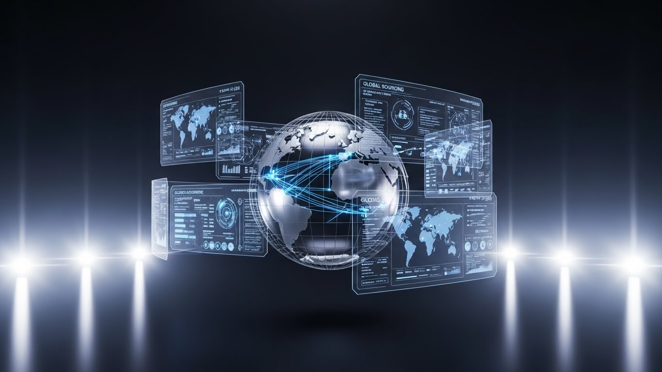 (Holographic UI over 3D Render): Spinning Silver Globe + Global Sourcing Visibility