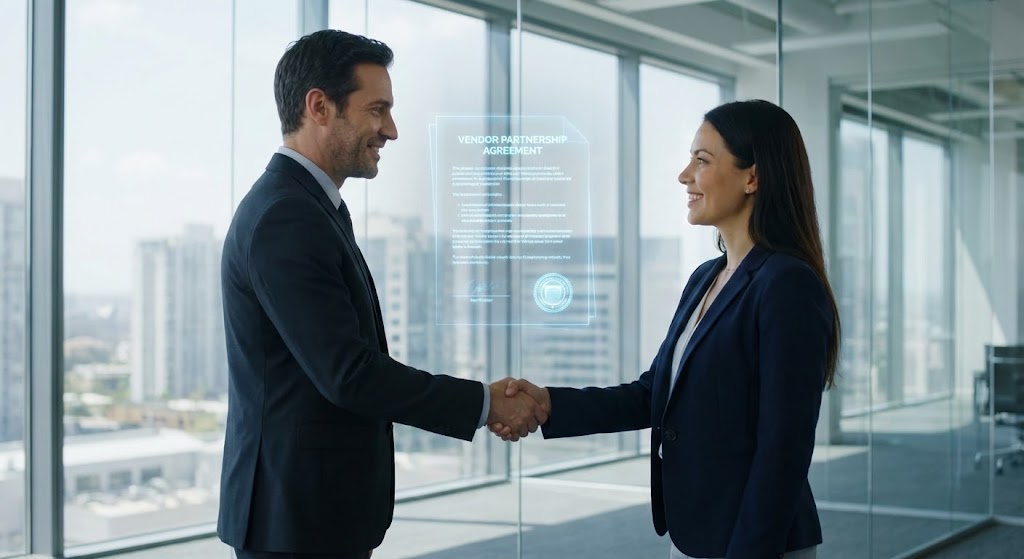 (Generative AI Realistic Character): Holographic Handshake + Long-Term Vendor Partnership