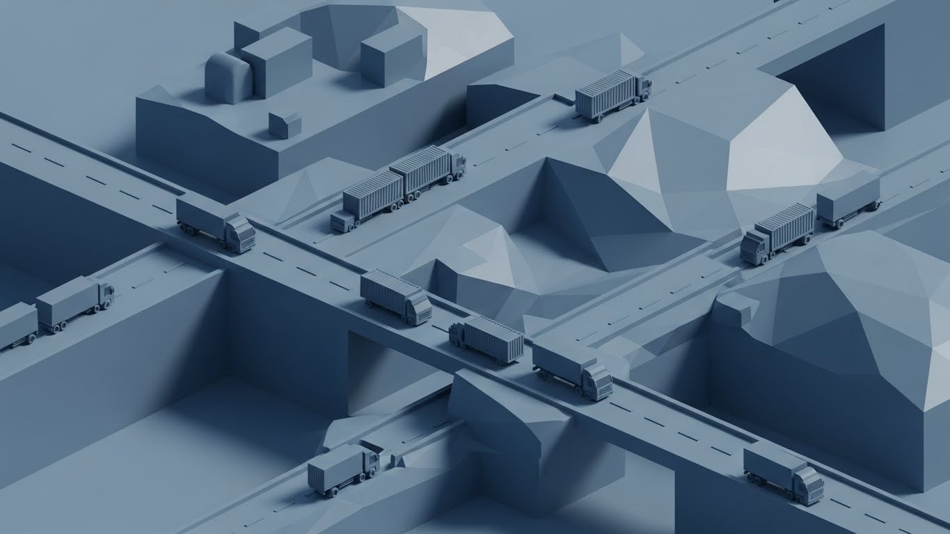 (Low-Poly 3D Modeling): Blue Faceted Trucks + Omnichannel Fulfillment