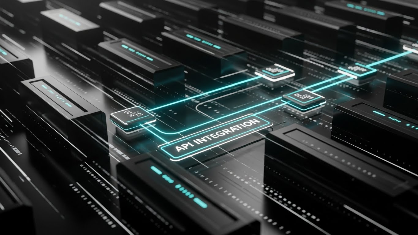 (Tech-Noir): Glowing connections visualize seamless API interoperability
