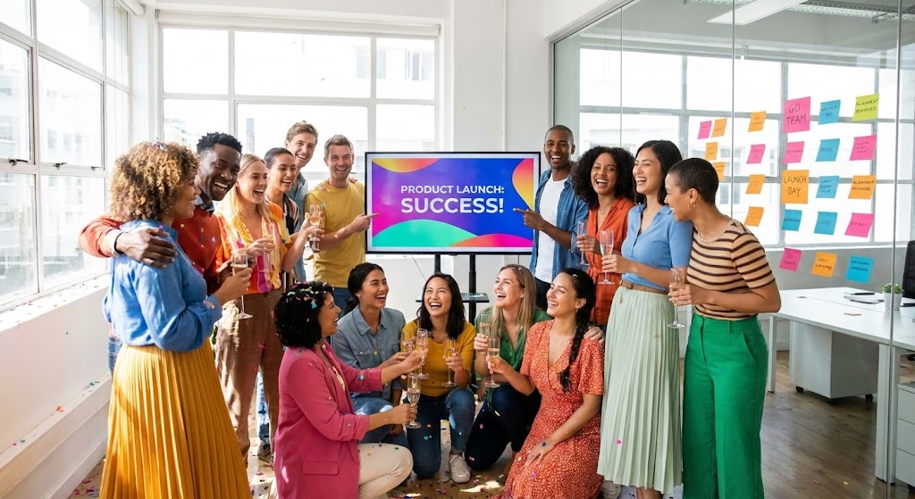 (Success Culture): Vibrant team imagery visualizes the ultimate ROI