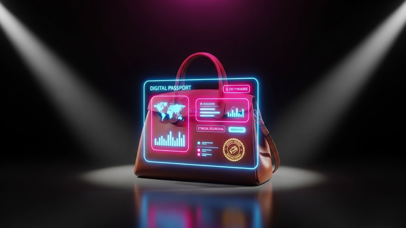 (Holographic UI): Phygital overlay merges luxury product with digital compliance