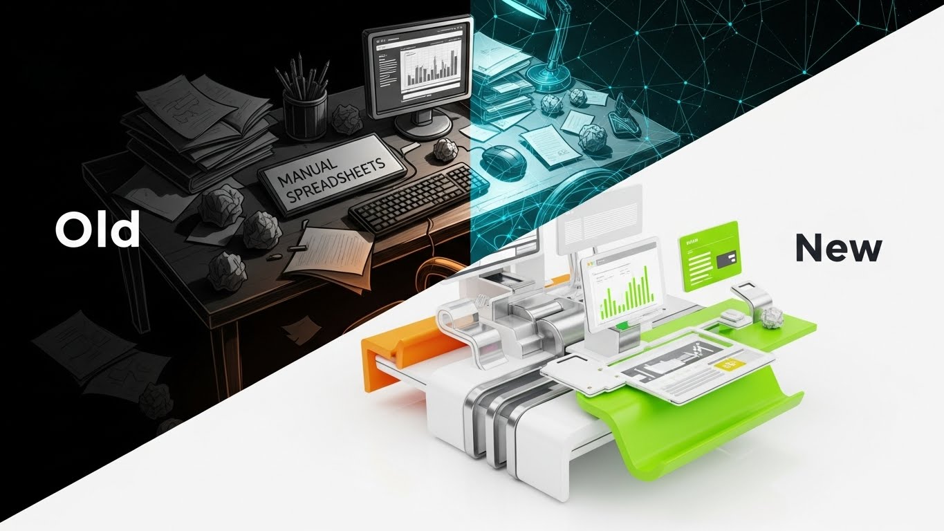 (Split Screen): Contrast visual validates automated workflow efficiency