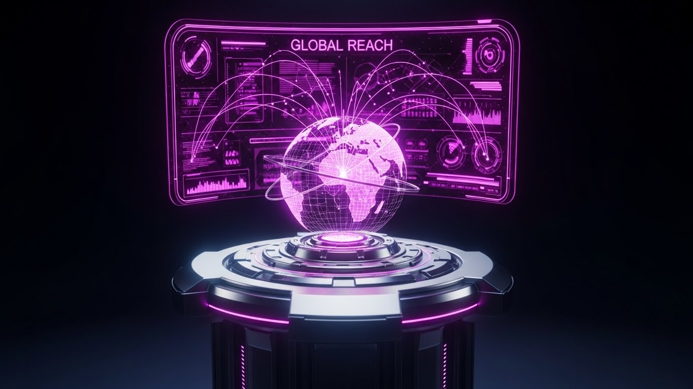 (Holographic UI over 3D Render): Global Reach + Sci-Fi Ambition