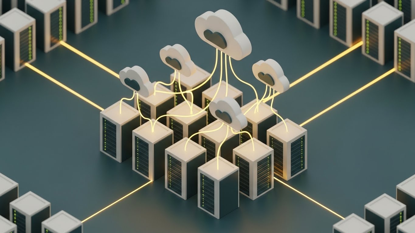 (Isometric 3D Workflow): Cloud Server Migration represents Frictionless Integration