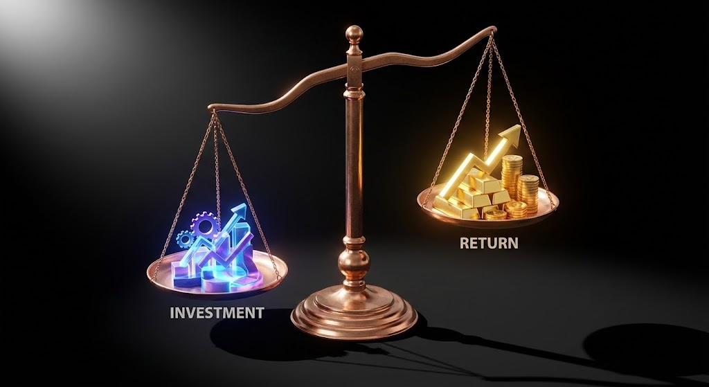 (Photorealistic 3D): Balanced Gold Scale represents Tangible ROI Justification