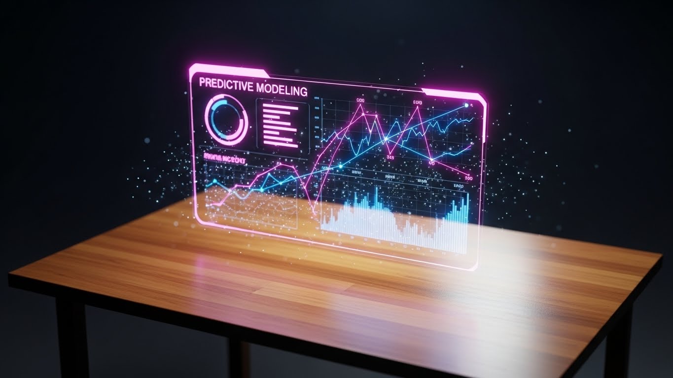 (Holographic UI): Future Tech on Desk represents Predictive Intelligence