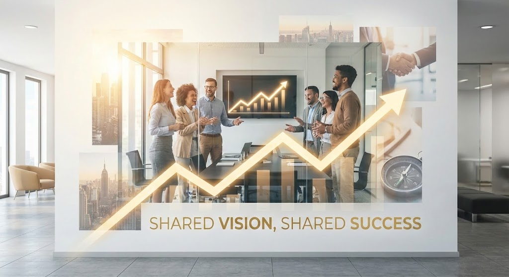 (Aspirational Stock Montage): Team Alignment, Revenue Growth