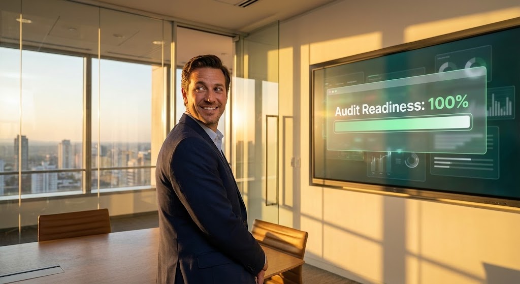 (Lifestyle Stock with UI Overlay): Audit Readiness Confidence