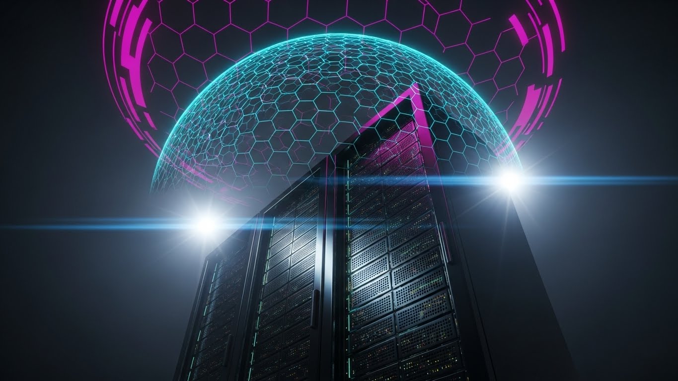 (Holographic UI over 3D Render): Server Defense Shield