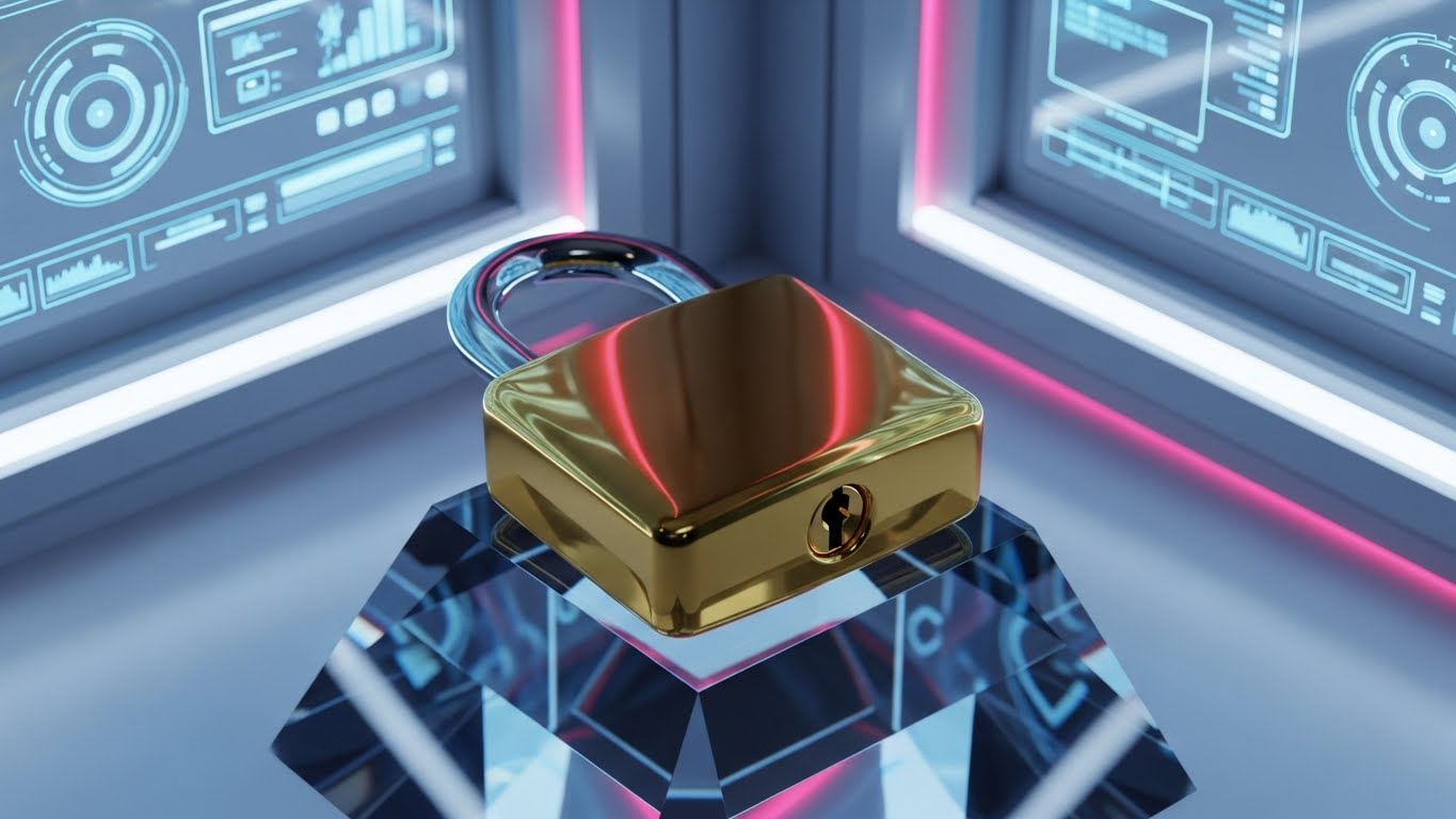 (Photorealistic 3D): Gold Padlock + Enterprise Security