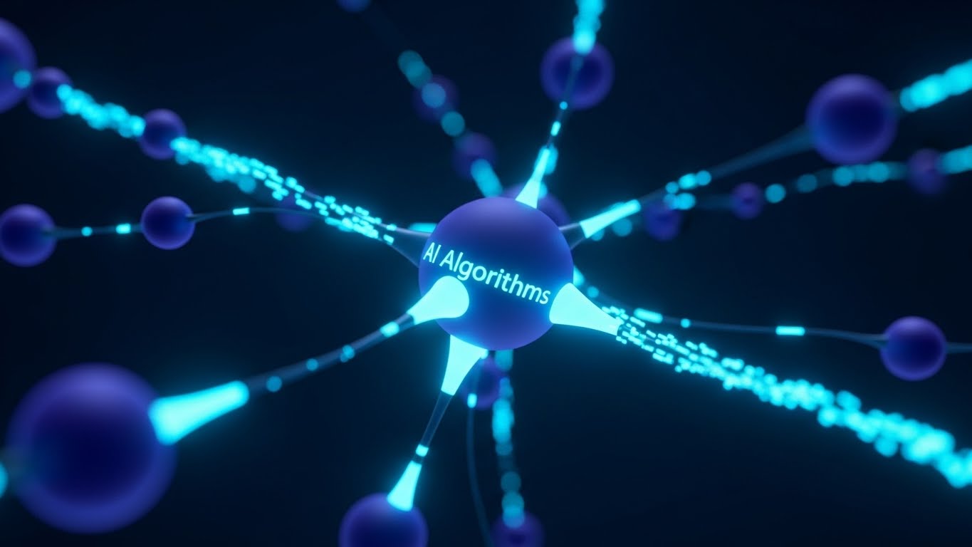 (Abstract 3D AI Visualization): Glowing Nodes + Demystifying Intelligence