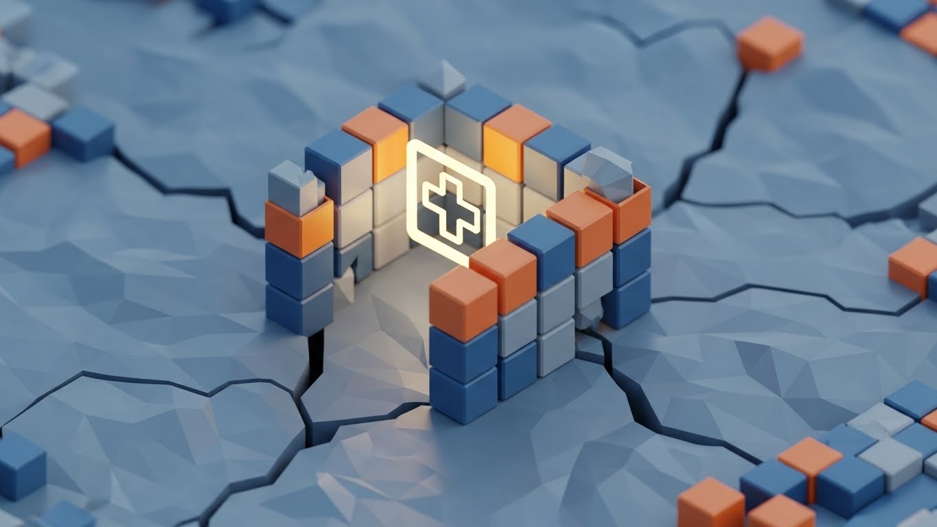 (Low-Poly 3D): Data Fortress + Cybersecurity Trust