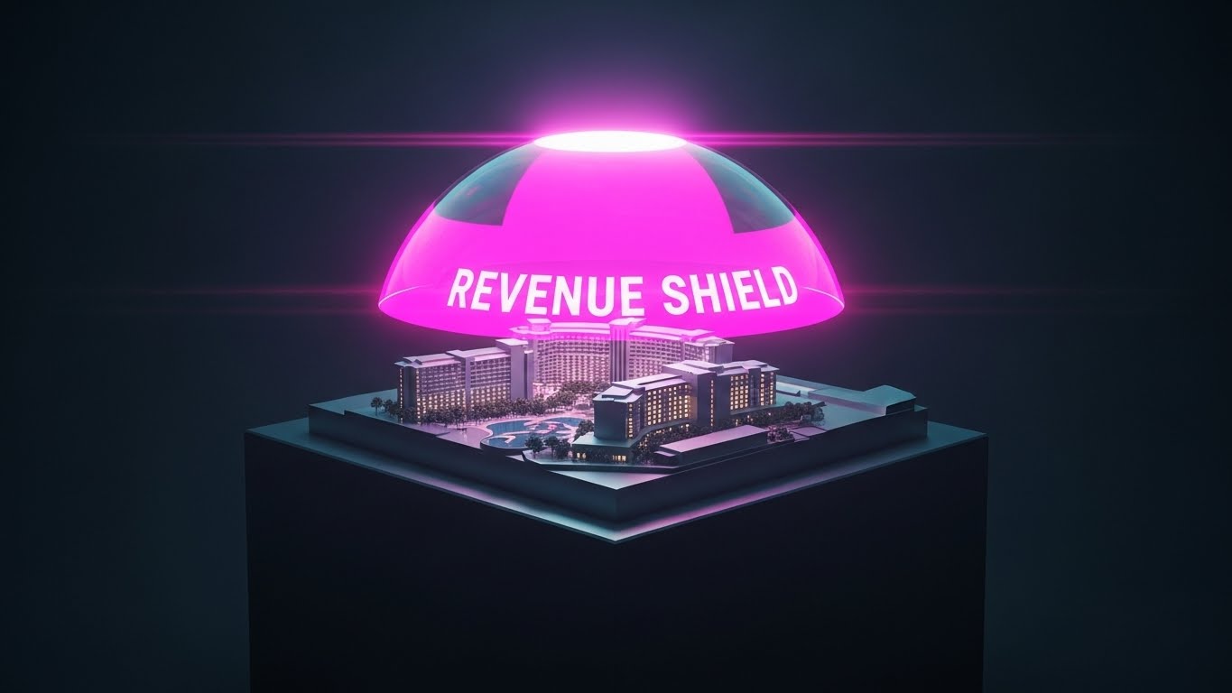 (Holographic UI over 3D Render): Revenue Shield + Protecting Asset Value