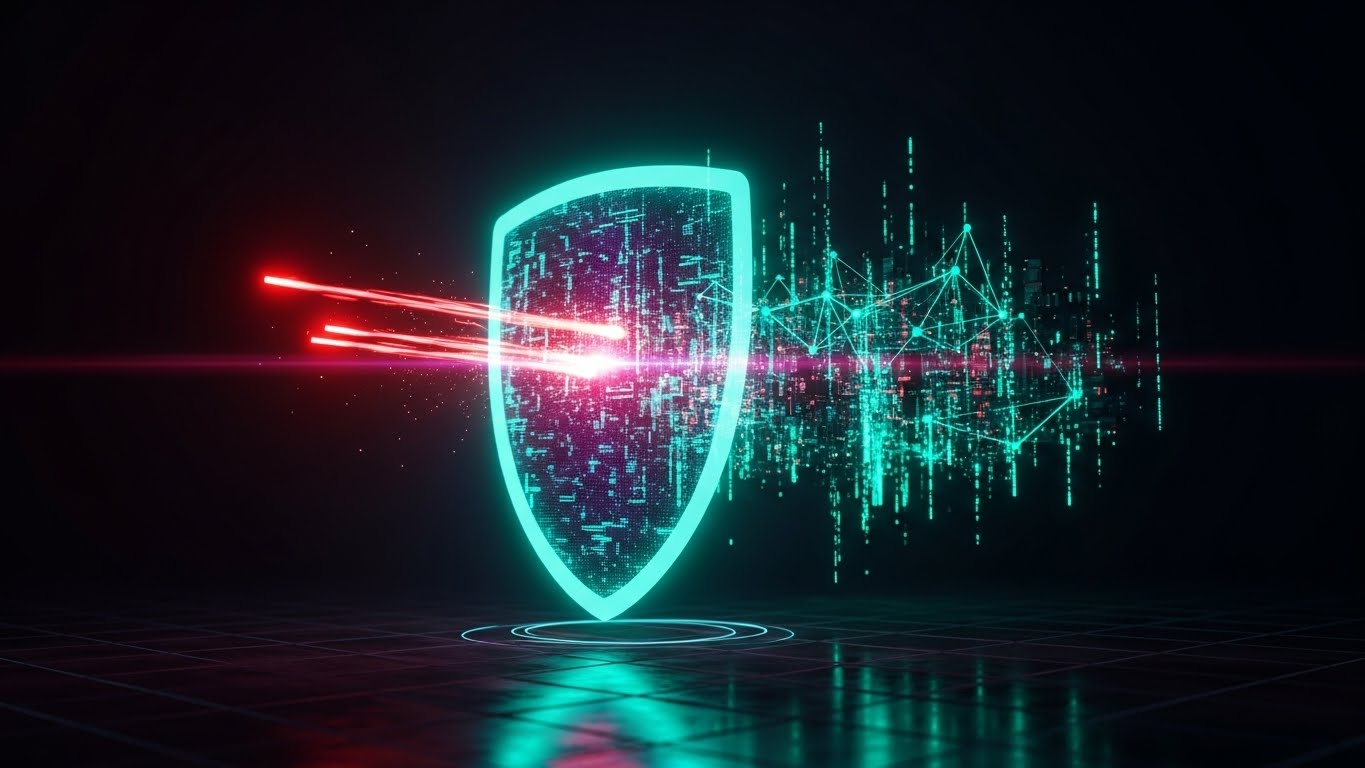 (Futuristic Neon/Dark Mode): The Digital Shield + Visualizing security and uptime