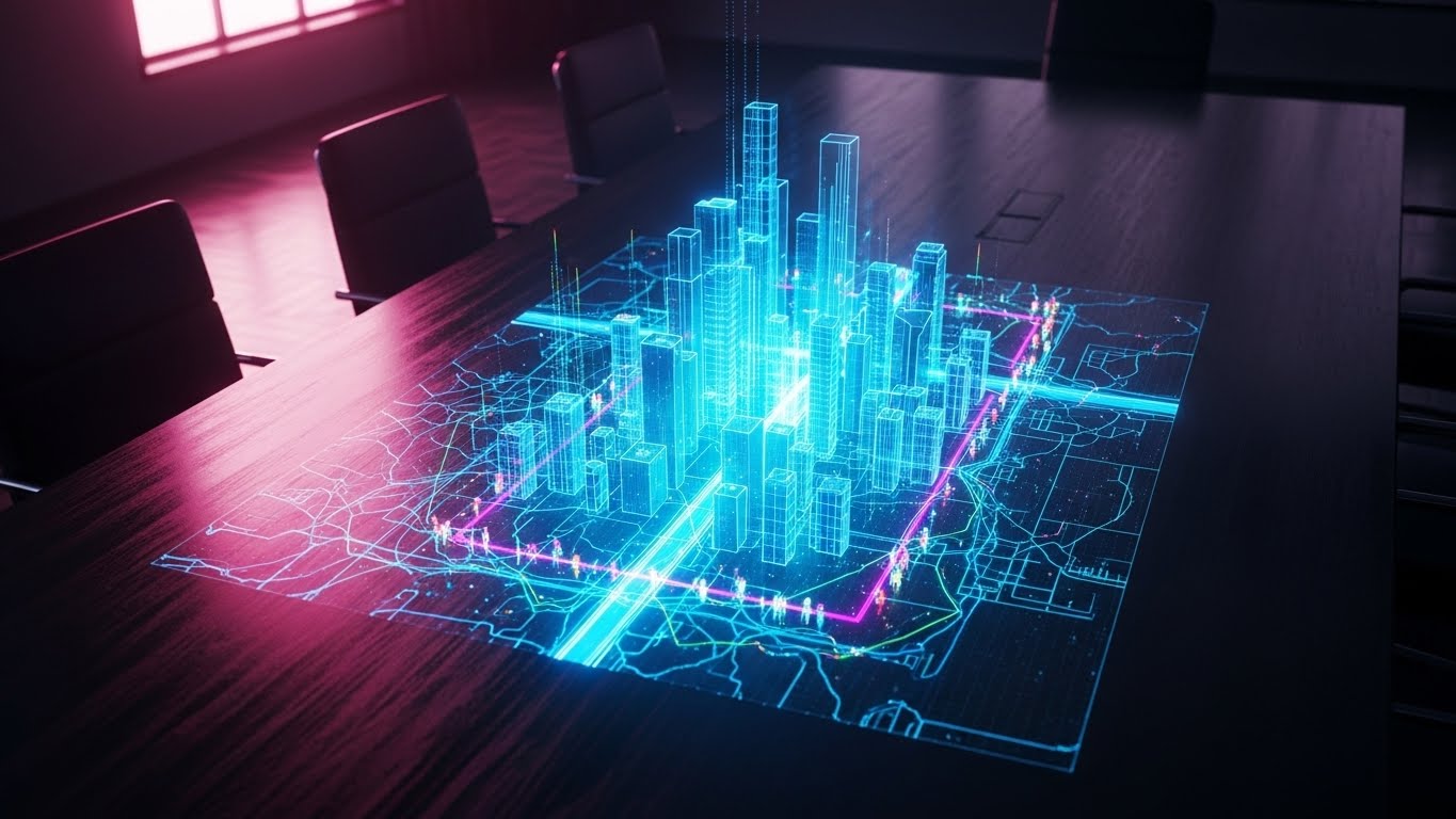 (Holographic UI over 3D Render): Volumetric Map + Strategic macro-management