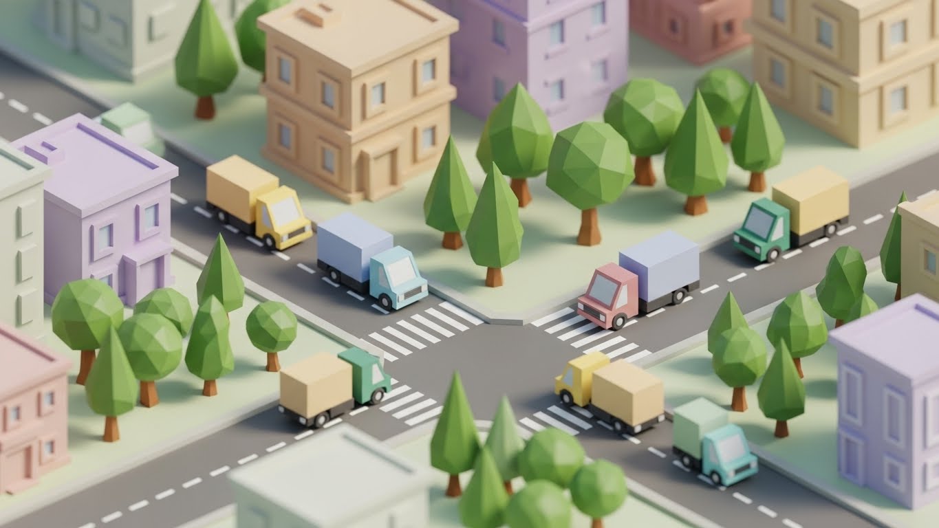 (Low-Poly 3D Modeling): Miniature City + Simplifying macro-logistics