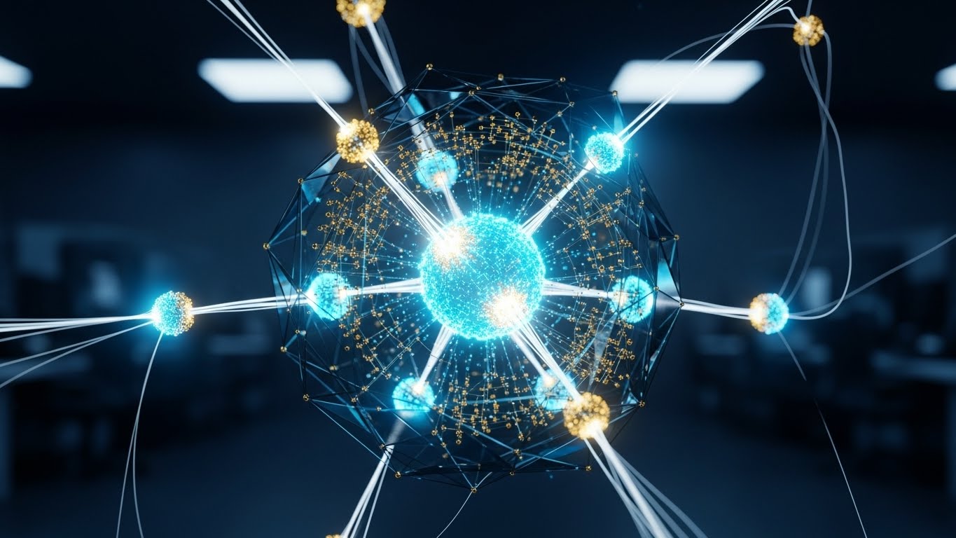 (Abstract 3D AI Visualization): Glowing Neural Nodes + Visualizing Algorithmic Intelligence