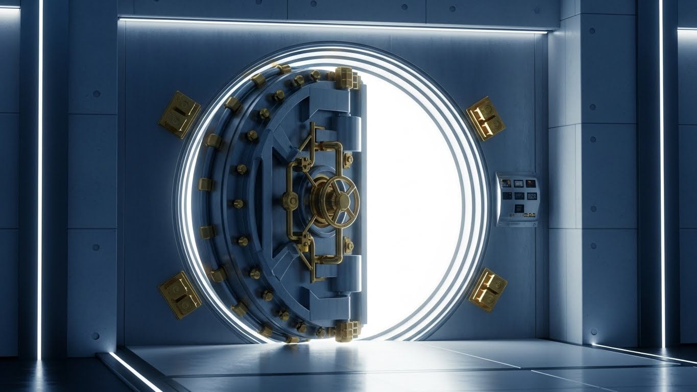 (Photorealistic 3D): Titanium Vault Door + Tangible Security Assurance