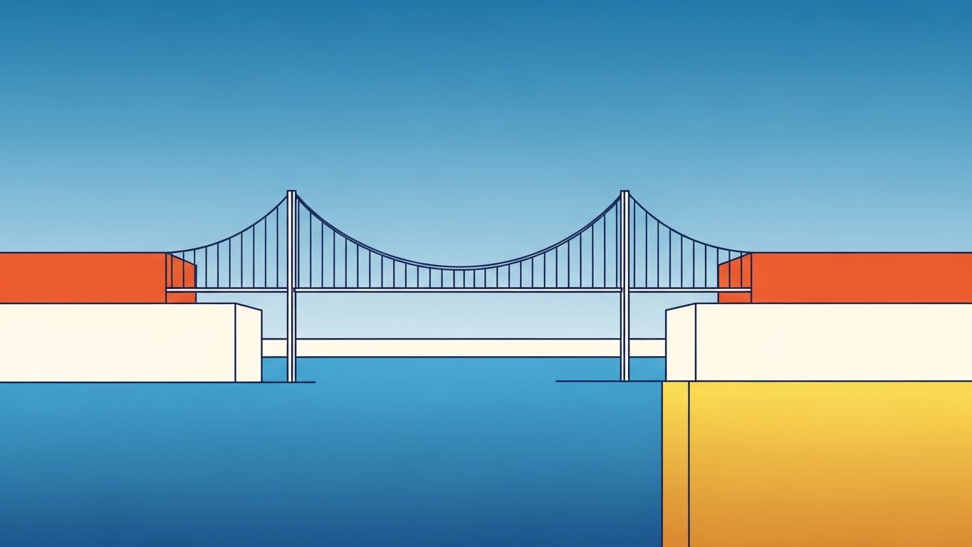 (Minimalist Flat + Line Art): Geometric Trading Bridge + Architectural Stability Assurance